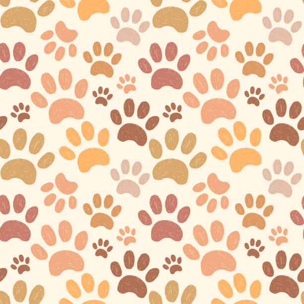 Paw animal print seamless pattern drawn in pencil or crayon style. Fun trendy crayon pattern with pet paw prints. Drawn manual on paper