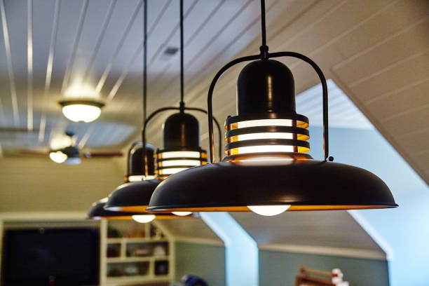Modern Industrial Pendant Lights in Stylish Interior, Eye-Level View