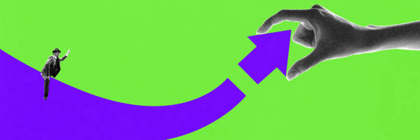 istock Banner. Modern artwork. Man pointing forward while giant hand places puzzle arrow on pathway against green background. Concept of business growth 2203434601
