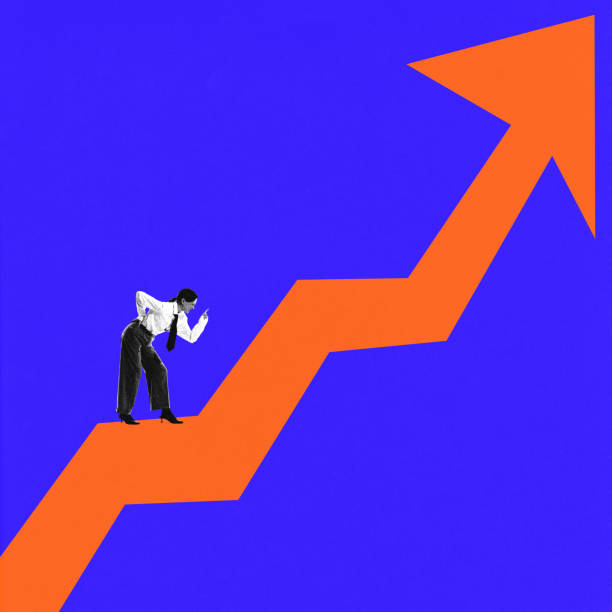 istock Modern art collage. Businesswoman climbing sharp arrow while analyzing path of success against bold blue background. 2203434604