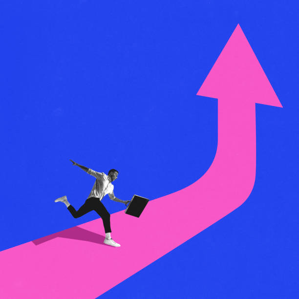 istock Conceptual design. Young entrepreneur rushing with briefcase on upward arrow against bold blue backdrop. Concept of sales management 2203434624