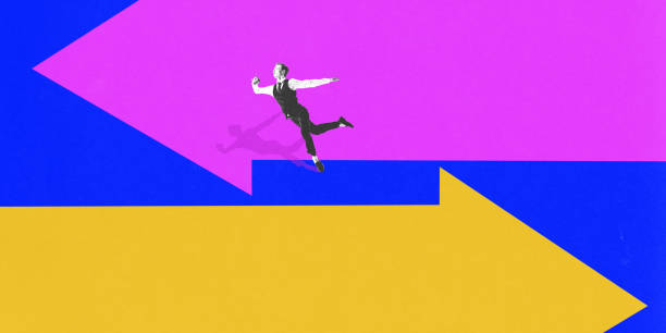 istock Conceptual art collage. Businessman running along diverging arrows while checking phone against vivid backdrop. Concept of sales strategy and market 2203434629