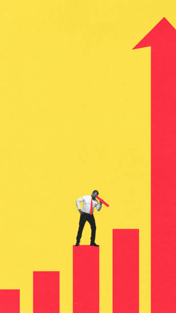 istock Conceptual design. Businessman standing on rising bar chart while observing future opportunities against yellow background. 2203434633