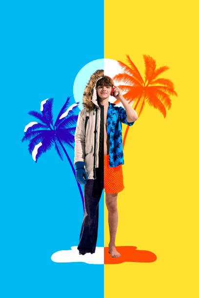 istock Hand-made collage. Cold to tropical getaway. Man dressed in half winter coat and half summer shirt, listening to music between snowy and beach landscapes 2203438425