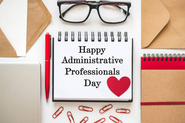 istock Happy Administrative Professionals Day. Notepad with congratulatory inscriptions 2203441280