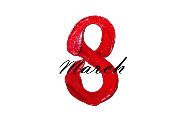 Red eight-shaped lipstick isolated on white background. Red lipstick glossy texture in 8 eight shape. 8 march happy international woman day copy space banner photo