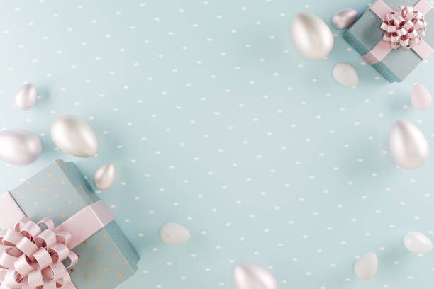 istock Easter scene with decorative gifts and pastel colored eggs on a soft blue background. 3d rendering 2203444489