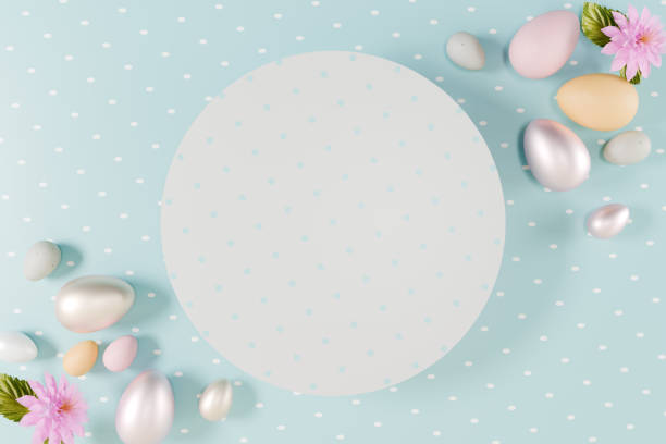 istock Easter eggs flowers and white circle for text arranged on a light blue background. 3d rendering 2203444777