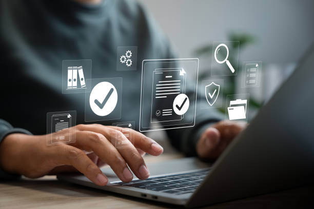 istock Business tracking and auditing concept, Businessman using technology track performance, Online surveys, Document approval, Business evaluation for certification compliance, Online checklist survey. 2203445942