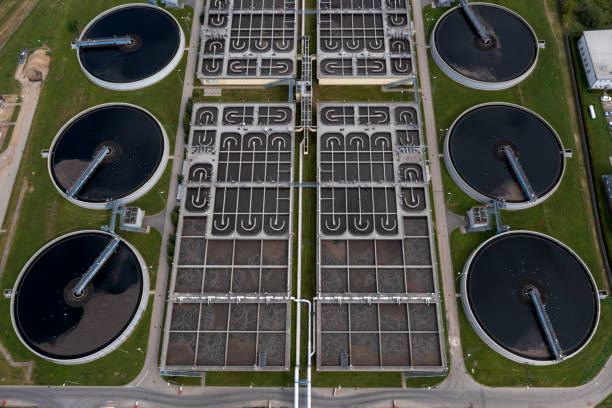 Aerial view of a modern, large sewage treatment plant.