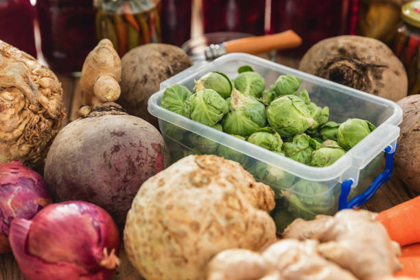 Fermenting food, raw brussels sprouts and root vegetables with jars filled with fermented veggies on table