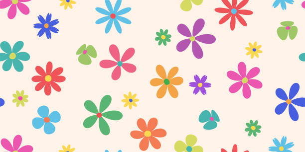 Floral seamless pattern, cute flower, simple groovy daisy, retro spring background, vintage summer floral print. Naive colorful chamomile bg. Childish flower textile. Fun vector illustration