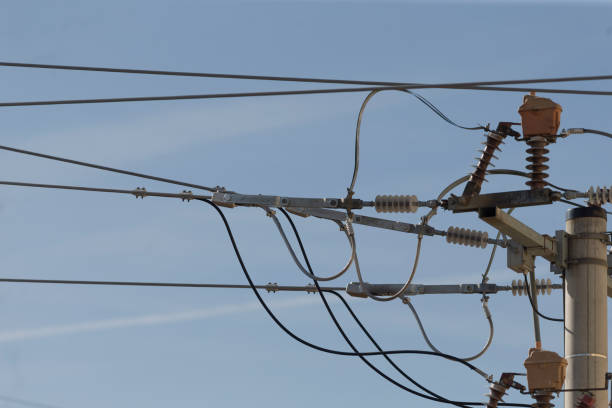 A substantial cluster of power lines is interconnected and linked to a tall utility pole, facilitating the distribution of electricity
