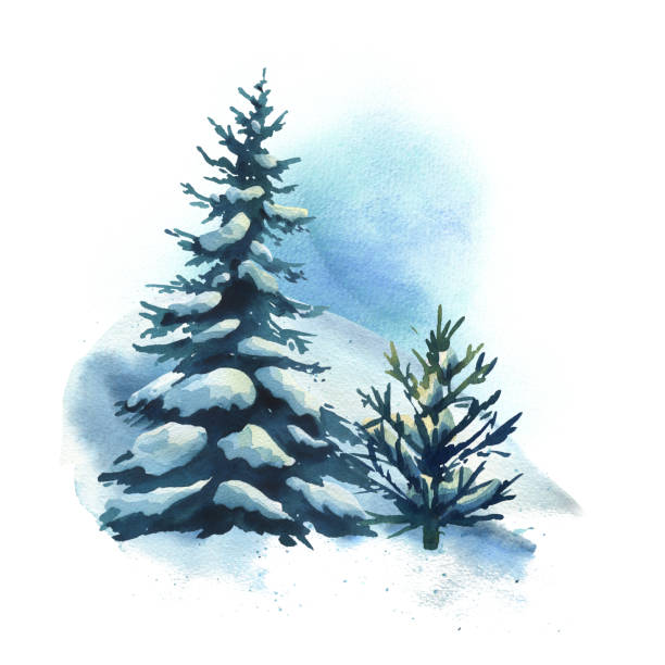 istock Winter landscape in the forest with two spruce trees with snow on the branches and snowdrifts around. Watercolor hand drawn illustration. Composition simple wildlife scene isolated from background 2203459841
