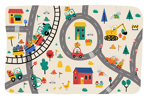 Good Easter Map Cute Easter Egg Hunt Design Cute Little Town Map With Bunnies Driving ...