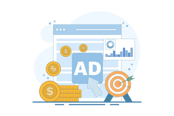 istock pay per click concept. online advertising where advertisers pay each time their ads are clicked. click to earn money. computer monitor with cursor, coins and debit card. flat illustration. 2203464864