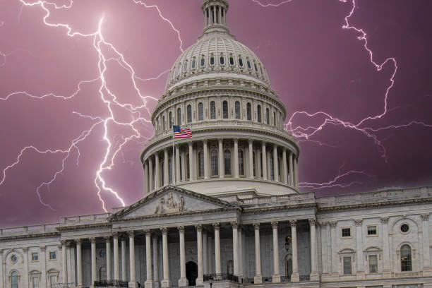 istock Lightning storm over Capitol Building on with multiple lightning strikes Washington DC 2203465009