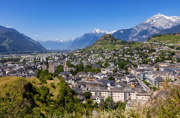 summer day view of sion town, switzerland - i̇svi̇çre stok fotoğraflar ve resimler