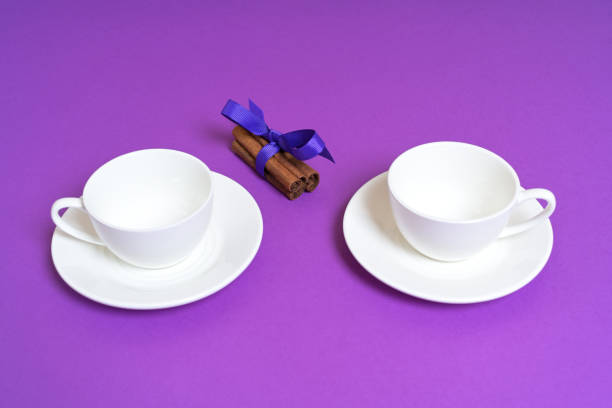 A high-quality stock photo featuring two empty white ceramic cups placed on matching saucers, symmetrically arranged on a vibrant purple background. In between them lies a bundle of cinnamon sticks tied with a decorative purple ribbon, adding a touch of warmth and elegance. The minimalist composition evokes themes of anticipation, hospitality, and cozy moments, making it ideal for concepts related to tea or coffee breaks, social gatherings, and special celebrations.