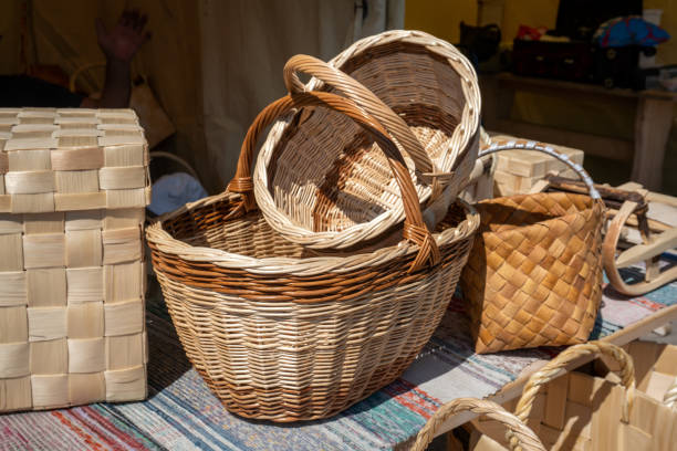 Wicker baskets from birch bark. Folk crafts.