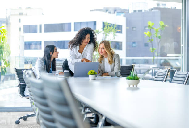 istock Three business  women meeting. They are discussing something while looking at a laptop computer 2203479591
