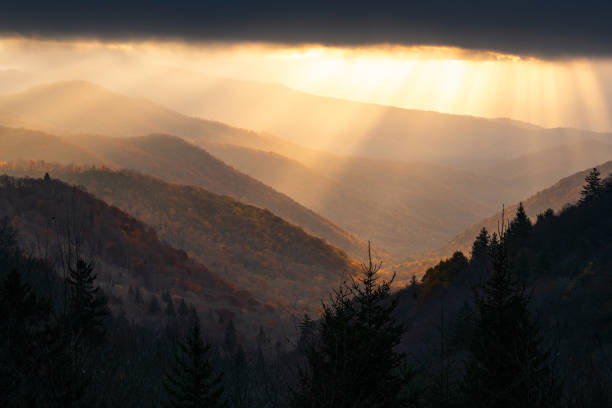 istock Light rays shining down on autumn colored ridges in the great smoky mountains 2203481817