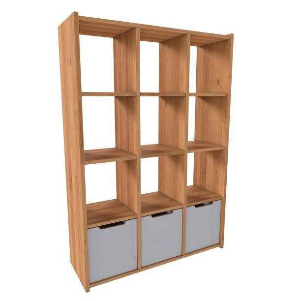 istock Modern 3D rendering of a wooden shelving unit with storage bins 2203482249