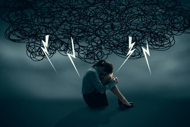 Depressed Woman With Storm Over Head Sad Concept A conceptual image of a woman going though a depression storm as she sits with her head on her knees with a drawn storm cloud with lightening bolts overhead. embarrassment skirt photos stock pictures, royalty-free photos & images