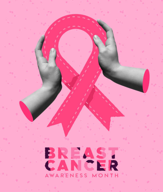 Breast Cancer Awareness month campaign illustration, hand drawn pink ribbon and human hands in retro collage vector design. Trendy women health care design for solidarity, disease prevention.