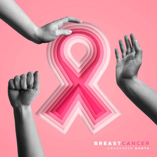 istock Pink breast cancer ribbon and human hands in retro collage vector illustration 2203490503