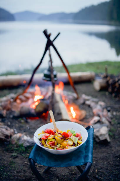 istock Delicious looking salad on a camping. 2203510930