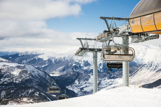 istock Ski resort slope and ski lft. Alpine ski / snowboard vacation. 2203511137