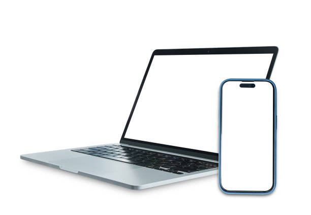 Laptop and mobile phone with blank screen isolated on white background, clipping path