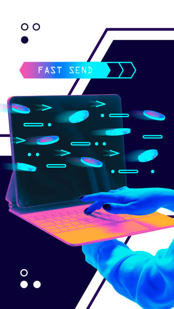 istock Modern art collage. Coins moving through high-speed transaction network on laptop, emphasizing rapid digital payments. 2203522237
