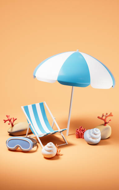 istock Beach chair and beach umbrella with cartoon style, 3d rendering. 2203525196