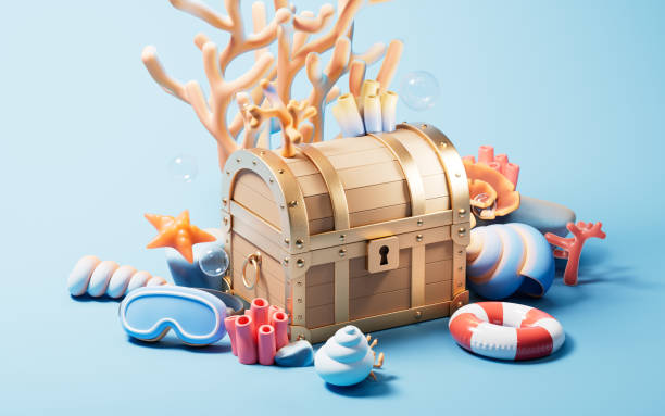 istock Treasure box underwater with cartoon style, 3d rendering. 2203525254