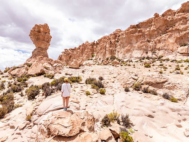 istock Traveler Exploring Rugged Desert Landscape with Rock Formations 2203530086
