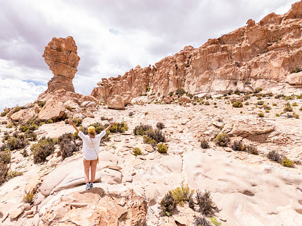 istock Traveler Exploring Rugged Desert Landscape with Rock Formations 2203530177