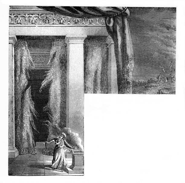 Jewish Priest astounded when the veil in the Temple in Jerusalem split in half when Jesus Christ died on the Roman cross. Illustration published 1890. Copyright expired; artwork is in Public Domain.