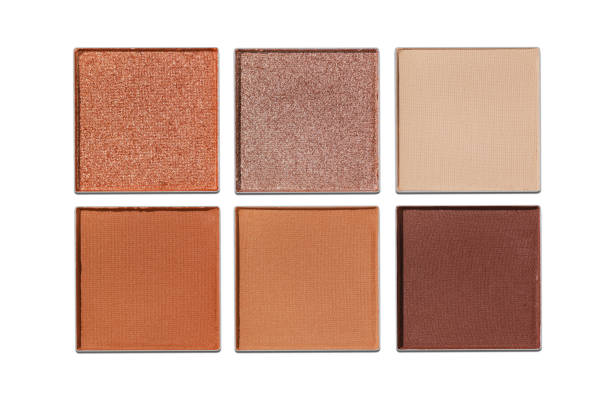 istock Neutral Eyeshadow Palette with Matte and Shimmer, natural colored shades isolated on white. Set of eyeshadow refills, Top view of six Swatches Eyeshadow makeup for cosmetic, makeup, beauty products 2203534400