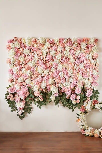 istock Summer blossoming delicate roses and hydrangeas on flowers festive background, pastel and soft bouquet floral card. Spring Greeting Card Template. Copy Space. Wedding scene. Mothers Day,female card 2203553142