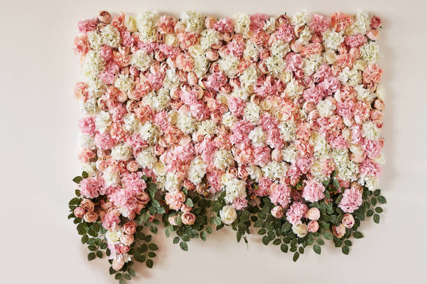istock Summer blossoming delicate roses and hydrangeas on flowers festive background, pastel and soft bouquet floral card. Spring Greeting Card Template. Copy Space. Wedding scene. Mothers Day,female card 2203553204