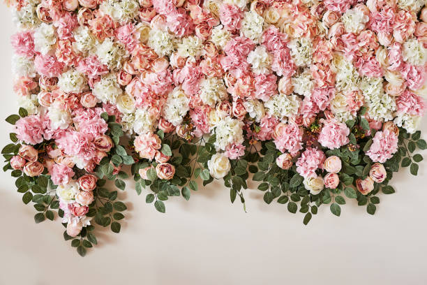 istock Summer blossoming delicate roses and hydrangeas on flowers festive background, pastel and soft bouquet floral card. Spring Greeting Card Template. Copy Space. Wedding scene. Mothers Day,female card 2203553234