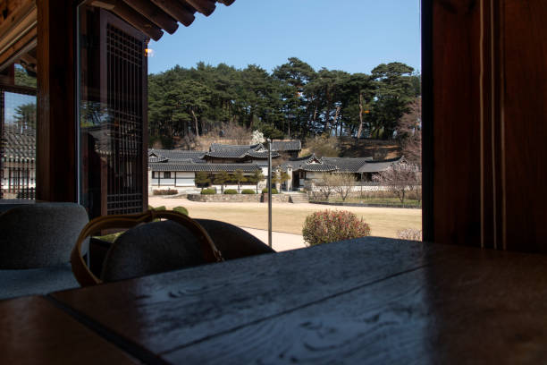 traditional Korean buildings seen from the cafeteria