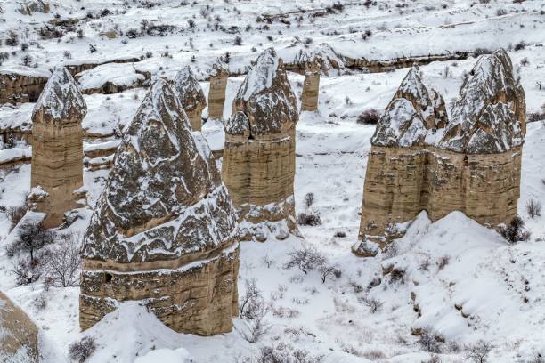 istock Rockey Valley  in Cappadocia, Turkey, showcasing unique geological formations in a winter landscape 2203555112