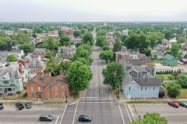 istock Aerial view of a quaint town intersection. 2203558196