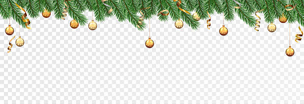 istock Garland of spruce branches. Christmas holiday decorations, realistic live fir tree effect with decorations for poster banners,  vector. 2203559870