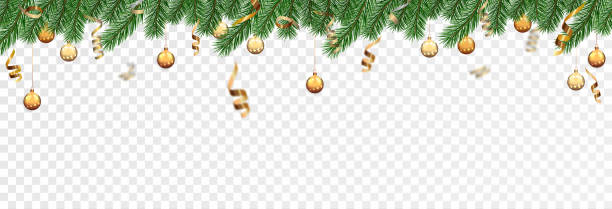 istock Garland of spruce branches. Christmas holiday decorations, realistic live fir tree effect with decorations for poster banners,  vector. 2203559878