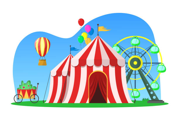 istock Amusement park with retro circus, ferris wheel and more. Summer background. Leisure, entertainment. 2203561977
