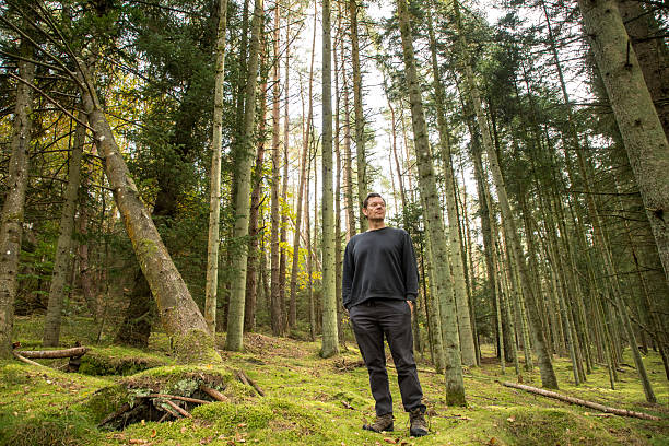 alone man standing in pine forest in sweater and hiking boots enjoying nature
